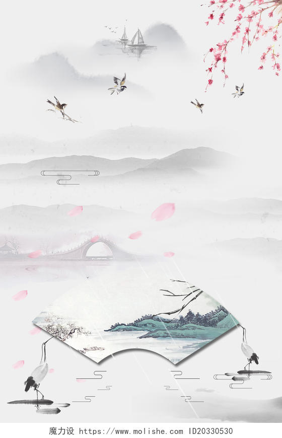 中国风仙鹤水墨画4月5日清明节传统节日海报背景素材